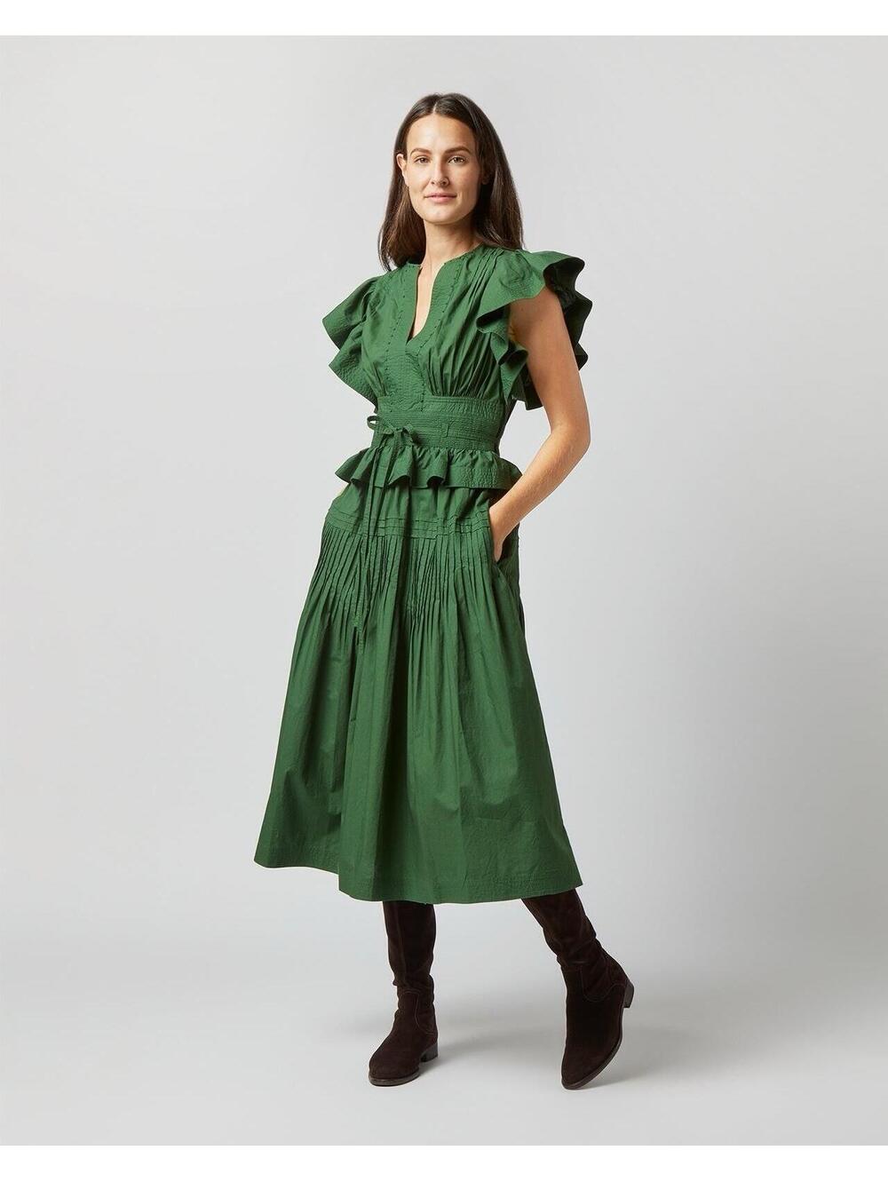 ULLA JOHNSON Florence Embroidered Cotton Peplum Midi Dress Juniper Green Sz 4